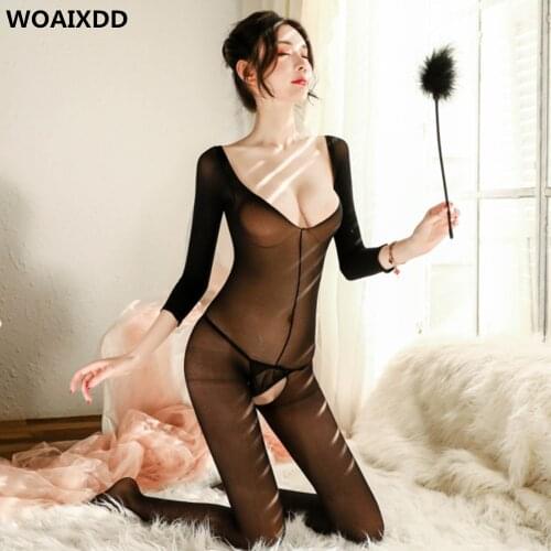 Elastic Silk Lingerie Sexy Women Exotic Underwear Teddies Bodystocking Crotchless Zipper Open Crotch Leotard Bodysuit Clubwear
