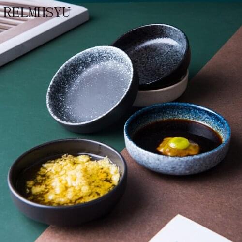 2PC RELMHSYU Japanese Style Retro Ceramic Small Round Seasoning Soy Sauce Vinegar Dipping Dish Home Tableware