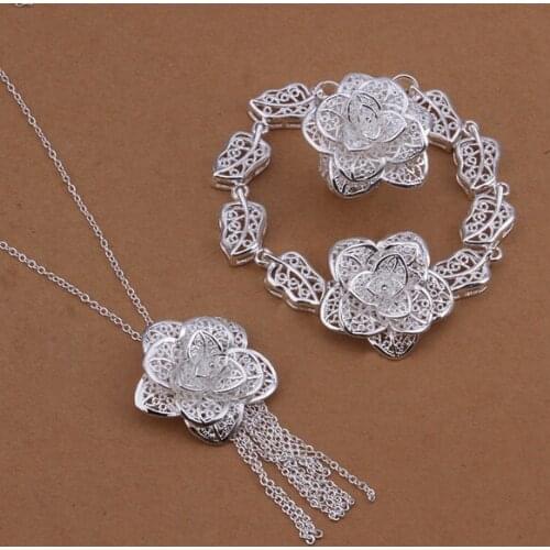 Selling wedding jewelry women refined elegance large flower necklace bracelets fashion Silver color jewelry Set S436