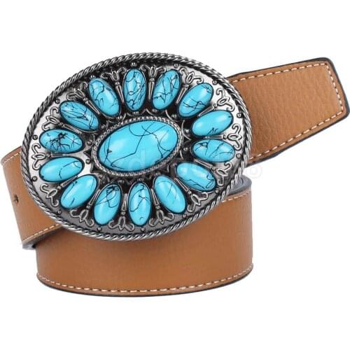 Cowboy Belt Western Leather Belt with Bohemian Faux Turquoise Belt Buckle, Black, Brown