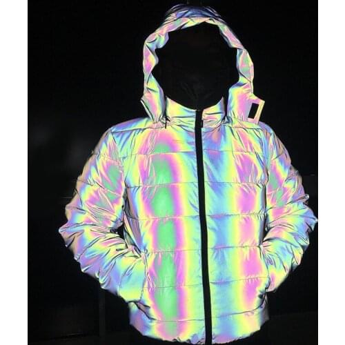 Fashion Fluorescent Rainbow Horn Hooded Reflective Jacket Women Bubble Puffer Coat for Winter Warm Thick Outerwear Undefined