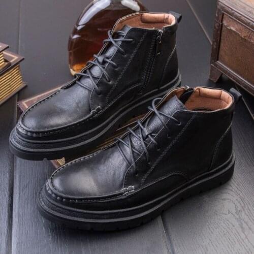 Winter New Thick Bottom Lace Up Zip Round Toe Mens High Top Boots British Retro Genuine Leather Cowhide Male Casual Short Boots