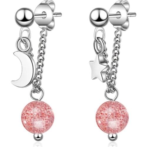 New simple Korean fashion trend personality stars moon strawberry crystal wild long silver plated stud earrings WE127