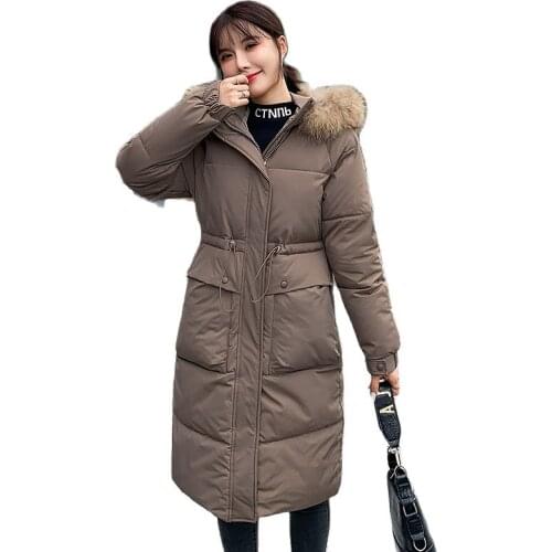 Fashion Long Winter 2021 Womens Coats Big Fur Collar Winter Coat Loose Drawstring Cotton Coat New Thick Female Jacket