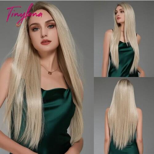 TINY LANA Long Silky Straight Part Lace Wigs Side Part Ombre Brown Blonde Synthetic Wigs for Women Cosplay Daily Heat Resistant