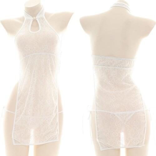 Sexy Girl Lace Translucent Cheongsam Hollow Out Private Nightdress Underwear Lolita Women High Spilt Classical Pajamas Homewear