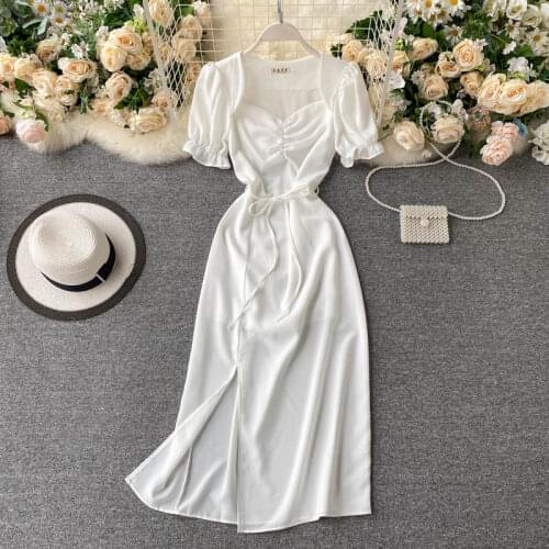 French Dress Womens 2021 New Smart Pleated V-neck Temperament Slim Over the Knee Split Dress Skirt