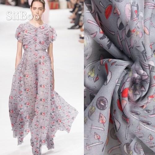 American style pink mushroom print grey 100% natural silk chiffon fabric apparel for dress silk tissu telas fabrc 8mm SP5379