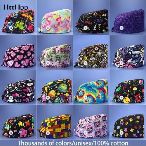 Fashion cotton Multicolor Cartoon print hat adjustable Scrub cap beauty salon nursing cap laboratory pet shop fashion scrub hat