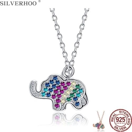 SILVERHOO Animal Necklace Pendant Colorful Zircon Elephant Choker Necklaces For Women Sterling Silver 925 Jewelry Hot Selling