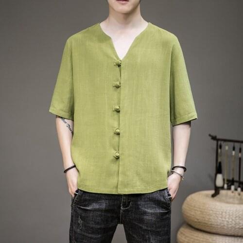 Tradictional Chinese Clothing For Men Half Sleeve Cotton Linen Chinese Style Shirts Kung Fu Tang Suit Style Summer Tops KK3485