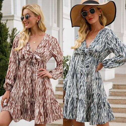 Spring And Autumn Sexy V-neck Bow Tie Lace Holiday Style Dress Woman Lady Party Knee-length Skirt