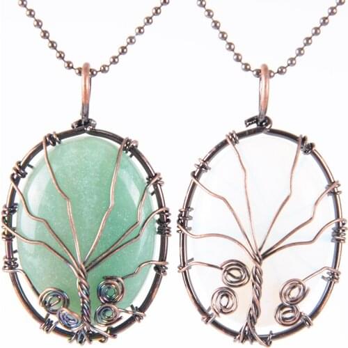 Vintage Wire Wrap Tree of Life Pendant Natural Stone Reiki Pendants Oval Cabochons Bead for Necklace Women Men Jewelry D828-D830