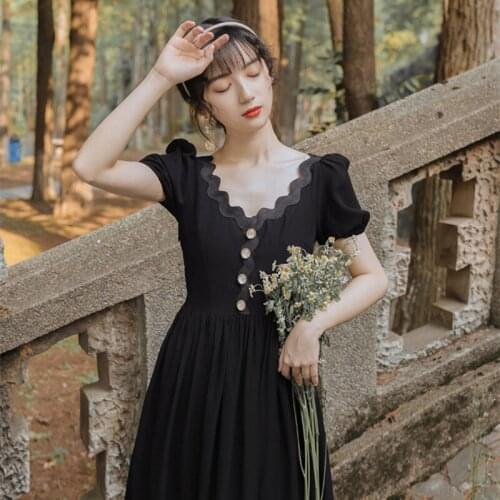 French Temperament Black Dress Summer Hepburn Style Palace Retro Puff Sleeve V-Neck Party Dress Vestidos Women