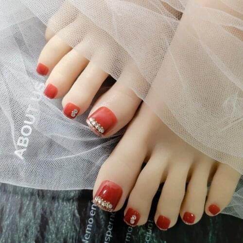 24Pcs/Set Wine Red Full Fake Toenails Rhinestone False Nails Finished Manicure Flash Drill Foot Nail Art For Summer Barefoot