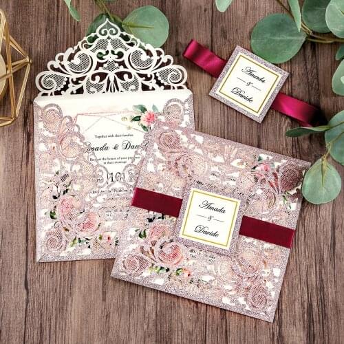 50 pcs Rose Gold Color Square Glitter Laser Cut Wedding Invitation with Envelope Party University Invitation Card