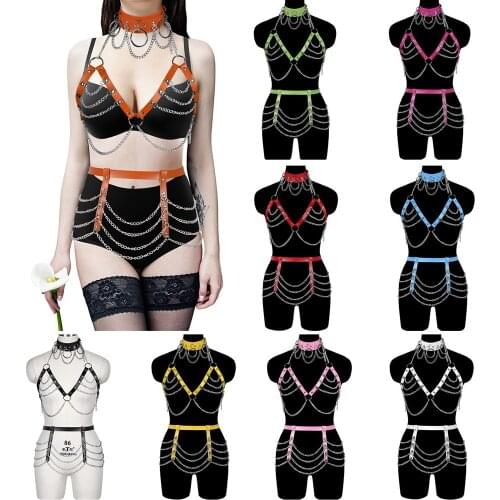 Goth Accessories Harness Bdsm 3 PC Sexy Leather Lingerie Metal Chain Collar Necklace Waistband Punk Cosplay Pole Dance Rave Wear