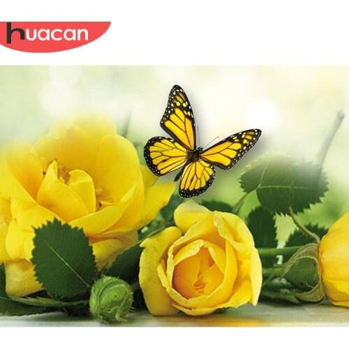 HUACAN Diamond Art Painting Rose Yellow Flower Wall Stickers Mosaic Embroidery Butterfly Floral Home Decor