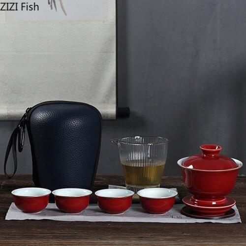 Kung Fu Automatic Tea Set Portable Travel Bag Set One Pot and Four Cups Ceramic Tea Set Office Study Tea Set Gifts for Friends