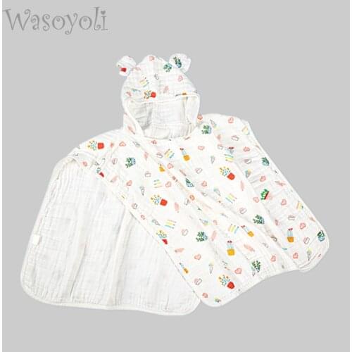 Wasoyoli Hooded Bathrobe 1-8 Years Children Sleeveless Cloak 6 Layers Muslin Cotton Hooded Bath Towel Girls Boys Care Products