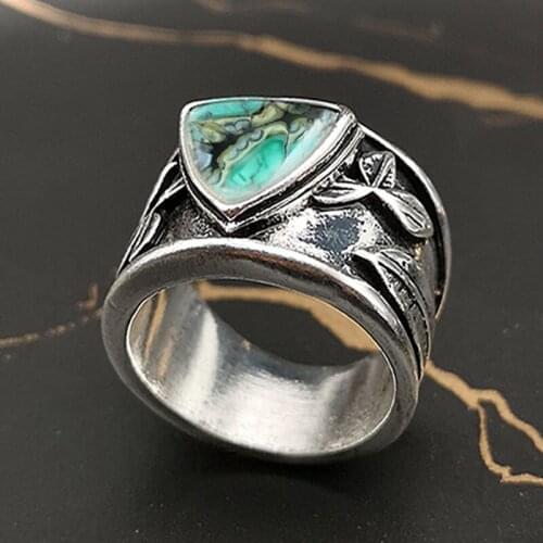 Turquoises Filigree Art Deco Rings Vintage Boho Triangle Green Stone Rings Leaf Carve Antique Silver Color Knuckle Finger Ring