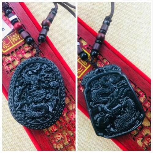 Natural Hetian Black Jade Hand-carved black large flying dragon pendant necklace Various men and women sweater chain