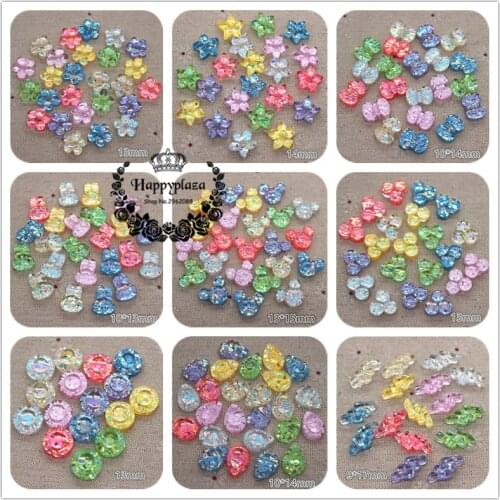 50pcs New Mix Colors Glitter Filled Resin Flower/Bow/Crown/Rabbit/RoundFlatback Cabochon DIY Phone/Craft Decoration