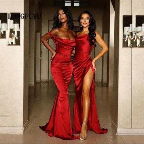 Hongfuyu 2021 Off Shoulder Satin Evening Dresses Long Sexy High Slit Evening Gown Elegant High Waist Prom Dress Robe De Soiree