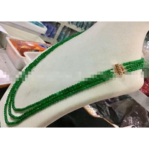 3 Rows Faceted 4mm Green Jade Round Gemstone Beads Necklace 17-19