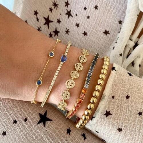 Hot sale gold plated Women girl Micro Pave Cubic Zirconia Good Luck Happy smile face Disc Charm bracelets Birthday Gifts Jewelry