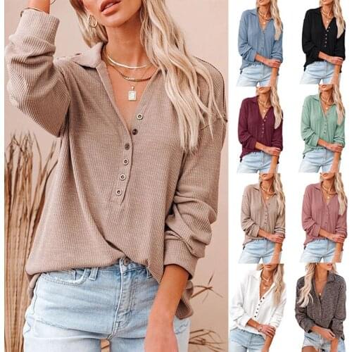 2021 autumn and winter new product solid color lapel half-opening buttoned long-sleeved loose casual top ladies