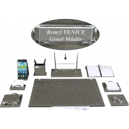 MELEN Luxury Gray Leather Desk Pad Set with Crystal NamePlate Name Plate Tag Chief Organizer