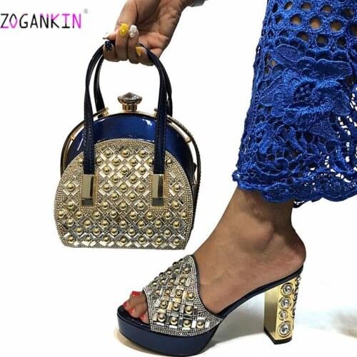 Dark Blue New Fashion Italian Style Slippers And Bag Set Spring Woman High Heels 10 CM Shoes And Bag Set For Evening Party