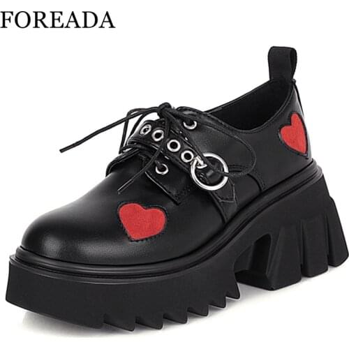 FOREADA Women Gothic Shoes Patent Leather Platform Pumps High Heel Round Toe Thick Heel Heart Print Buckle Footwear Female 43