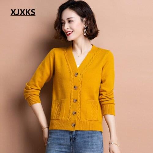 XJXKS 2021 autumn winter new fashion V-neck women single-breasted jacket comfortable wool knitted sweater women cardigan