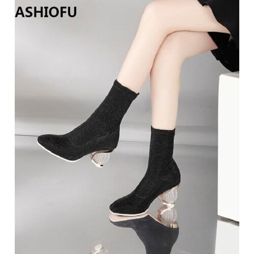 ASHIOFU Women Handmade Ankle Boots Stretch-leather Crystal Heel Winter Boots Sexy Party Prom Fashion Daily Short Boots Shoes