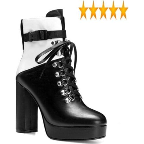 Womens High Fashion New Platform Short Genuine Leather Patchwork Round Toe Cross Tied Female Thick Heel Ankle Boots