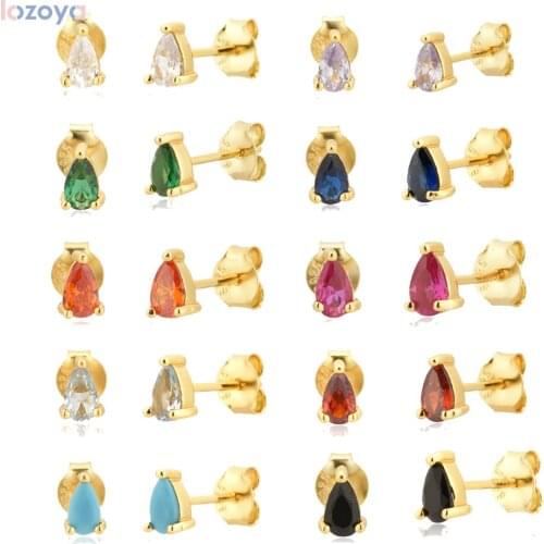 LOZOYA 925 Sterling Silver Gold Ovals Stud Ting Colorful Earring Piercing Women Pendiente Small Gemstone Jewelry For Gift