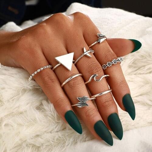 9Pcs/Set Vintage Rings Lady Fashion Charm Silver Color Leaf Airplane Arrow Wave Flower Silver Ring Set Party Jewelry