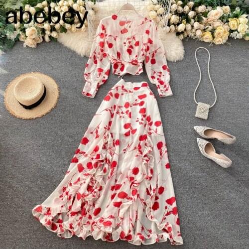 Sexy Chiffon Two Piece Set Women Autumn Boho Chic Vacation Beach Short Tops And Ruffle Irregular Long Skirt Female Print Set New