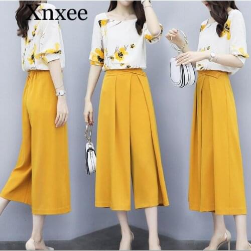 Yellow Summer Chiffon Two Piece Sets Outfits Women Plus Size Printed Blouses And Wide Leg Pants Suits Office Elegant 2 Piece Set