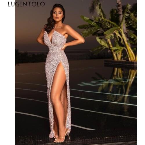 Pary Dress Women Slim Sexy Breast Wrap Sleeveless Dresses V-neck Ladies Small Shiny Sequins Split Fork Long Dress Lugentolo
