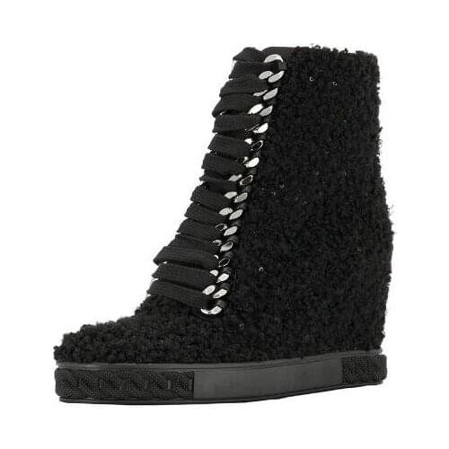 Winter Black Girls Wool 8 cm Height Increasing Lace Up Front Wedge Ankle Boots Woman Comfortable Zipper Back Short Booties Lady