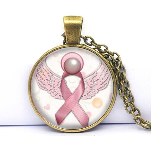 Angel Pink Breast Cancer Awareness Ribbon Swirl Heart Necklace Glass Dome Pendant Gifts For Girls Ladies Jewelry