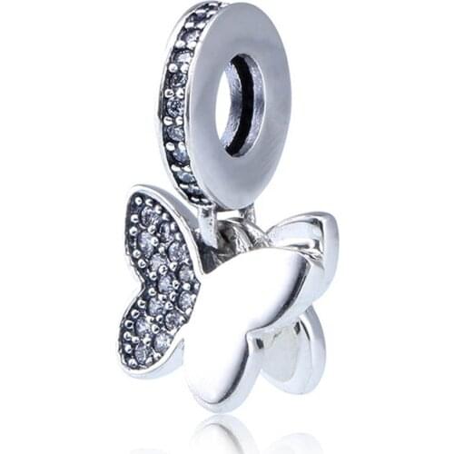 Authentic S925 Silver Pendant fit Lady Bracelet Bangle Crystal Fluttering Butterflies Dangle Charms DIY Jewelry