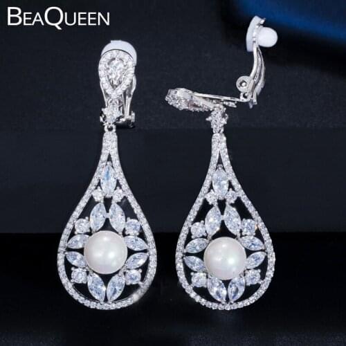 BeaQueen Fashion Flower Pearl Long Clip Earrings Cubic Zirconia No Ear Hole Bridal Wedding Party Jewelry without Piercing E308