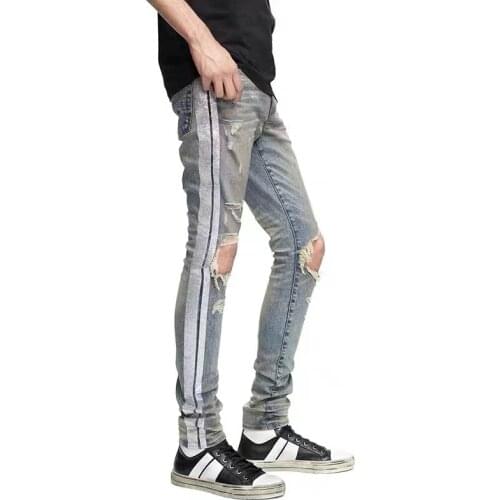 Mens jeans with holes in the knees glitter silver trim stripes slim fit jeans high street fashion high quality