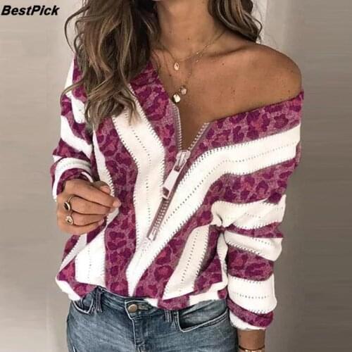 Elegant Knitted Women Sweater Zipper Leopard V Neck Autumn Winter Woman Sweaters Korean Long Sleeve Pullover Ladies Jumper