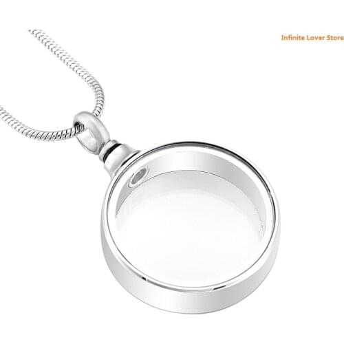 IJD9889 Round See Through Keepsake Cremation Urn Glass Stainless Steel Pendant Necklace for Ashes or Memorial
