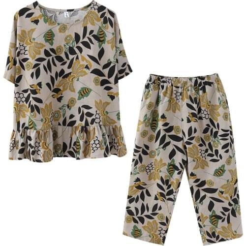 Summer Outfit Korean Large Size Loose Cotton Linen Two-Piece Suit Ruffled Short-Sleeved Comfortable Wide-Leg Pants Women A659